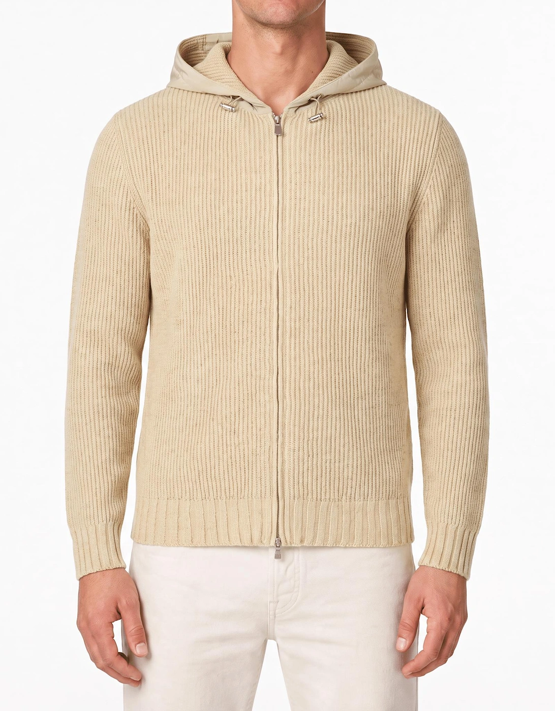 Gran Sasso Ribbed Zip-Up Hoodie in Beige