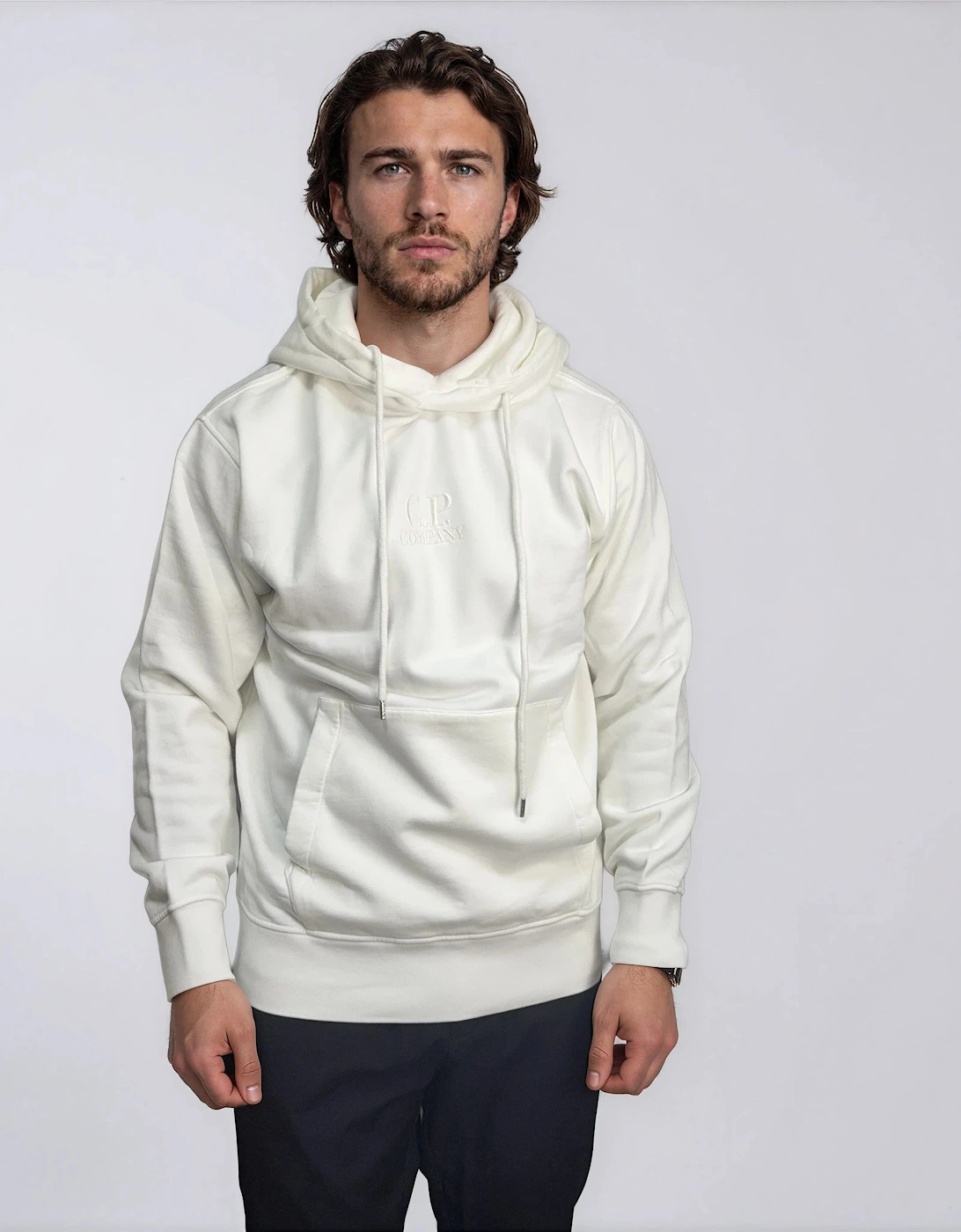 CP Company Brushed Emerised Diagonal Fleece Hoodie in White