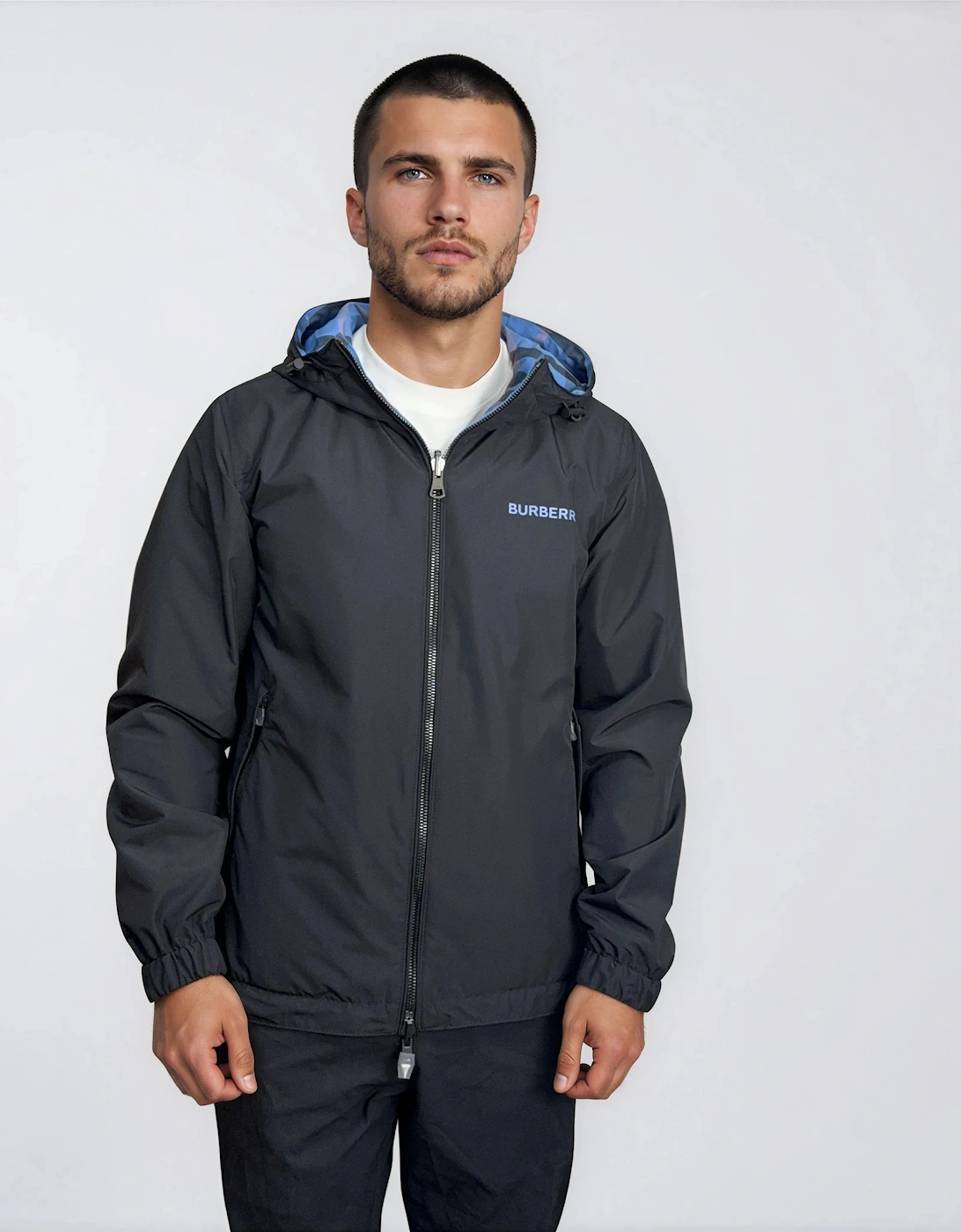 Burberry 'Stanford' Zip-Up Check Reversible Hooded Jacket Black & Blue Check
