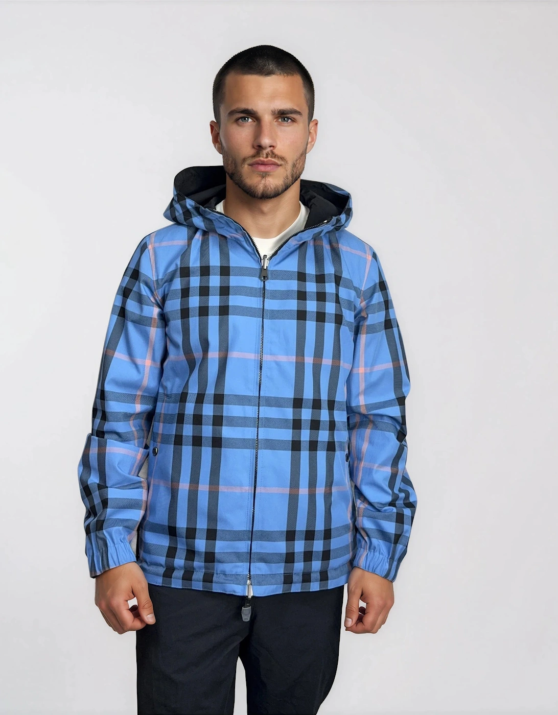 Burberry 'Stanford' Zip-Up Check Reversible Hooded Jacket Black & Blue Check