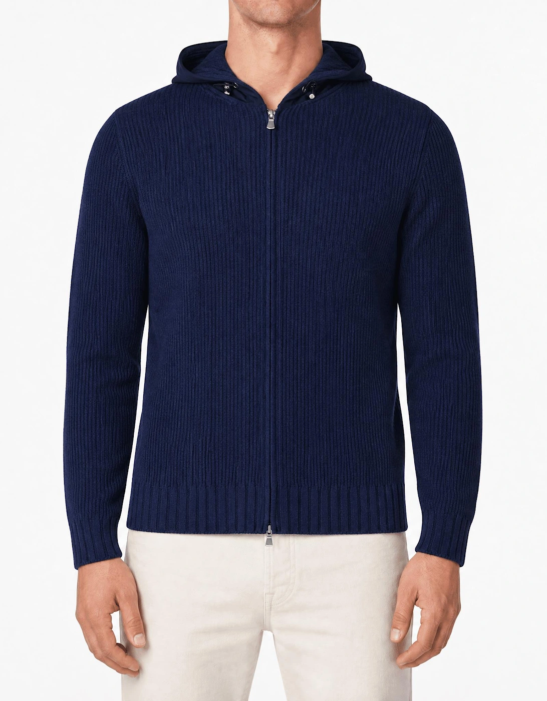 Gran Sasso Ribbed Zip-Up Hoodie in Navy