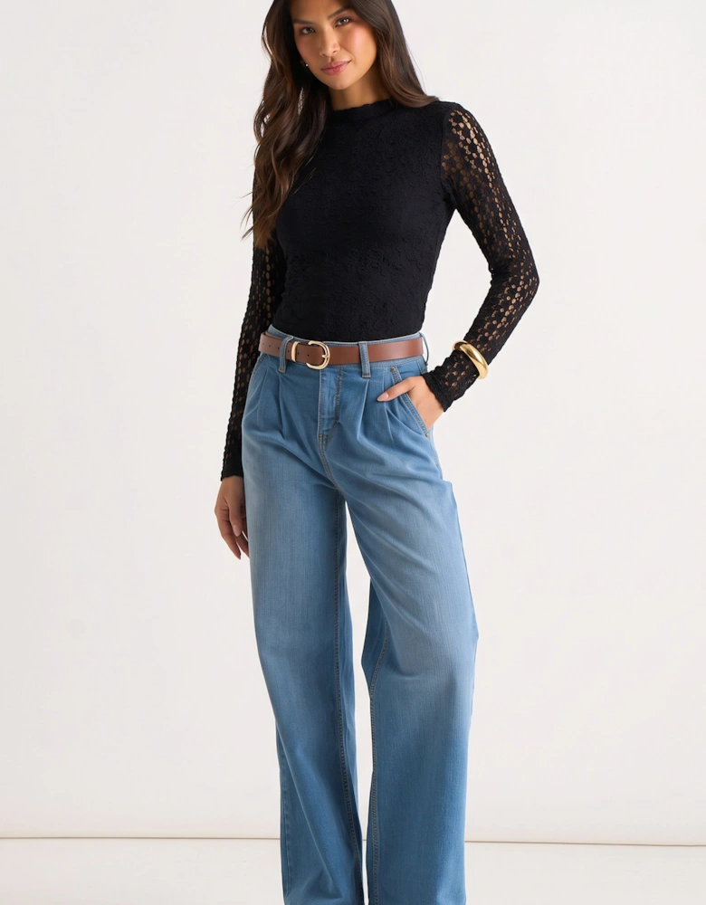 Blue Pleat Wide Leg Jean