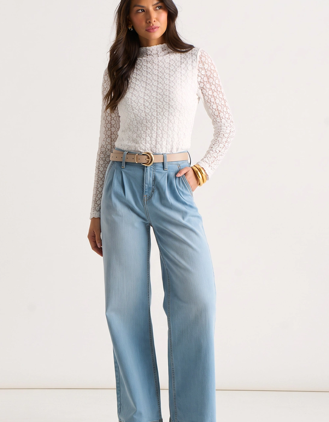 Light Blue Pleat Wide Leg Jean