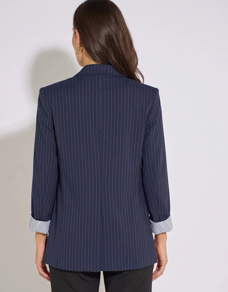 Navy Stripe Contrast Sleeve Edge To Edge Blazer