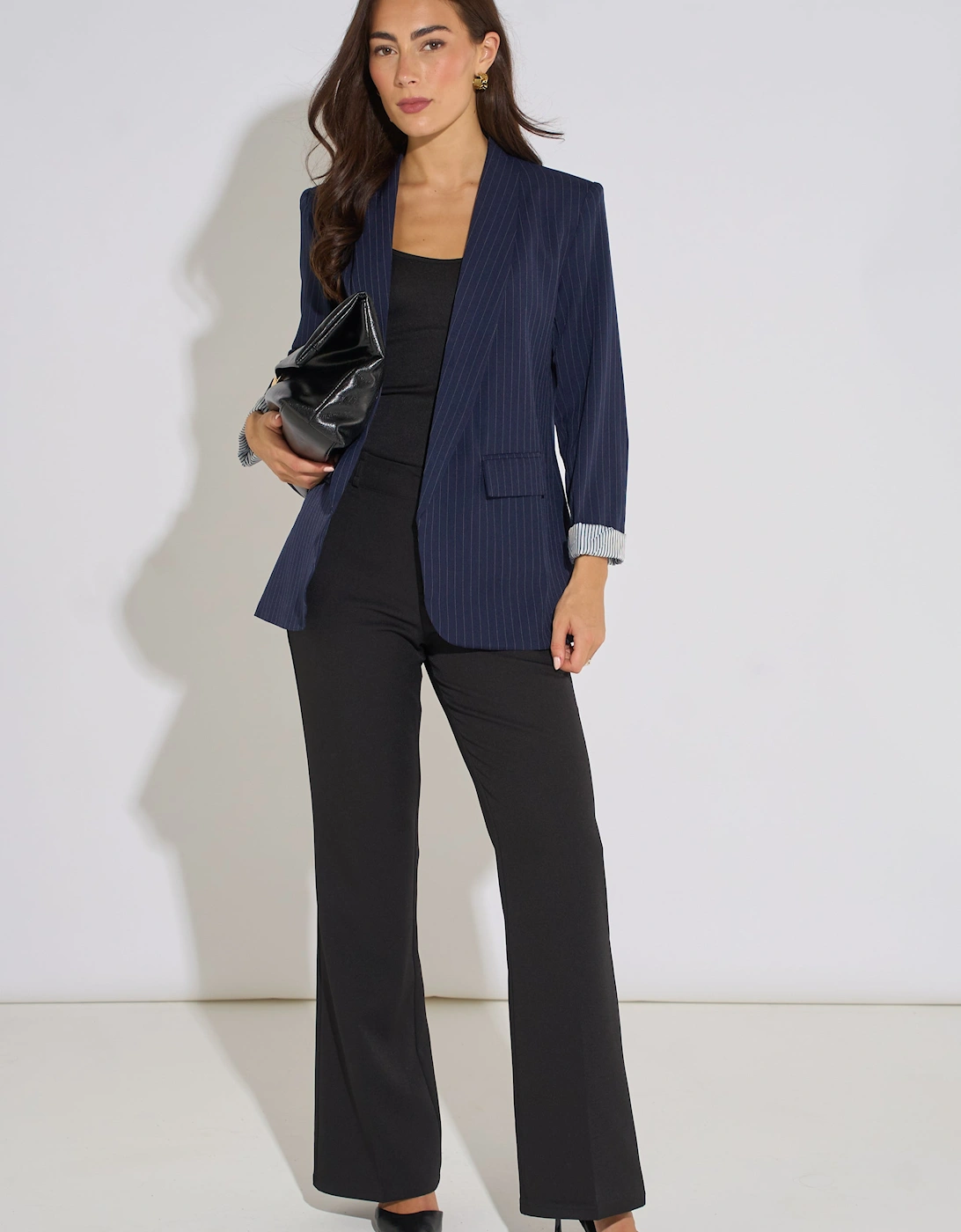 Navy Stripe Contrast Sleeve Edge To Edge Blazer