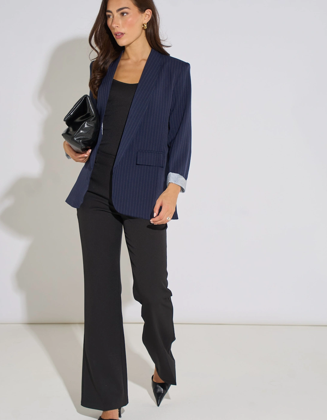 Navy Stripe Contrast Sleeve Edge To Edge Blazer