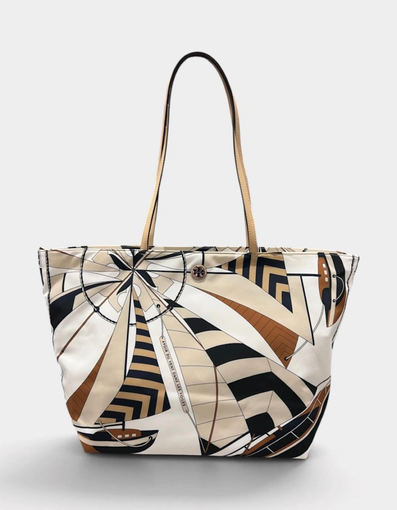 Nylon Printed Tote Bag Beige Sailboat