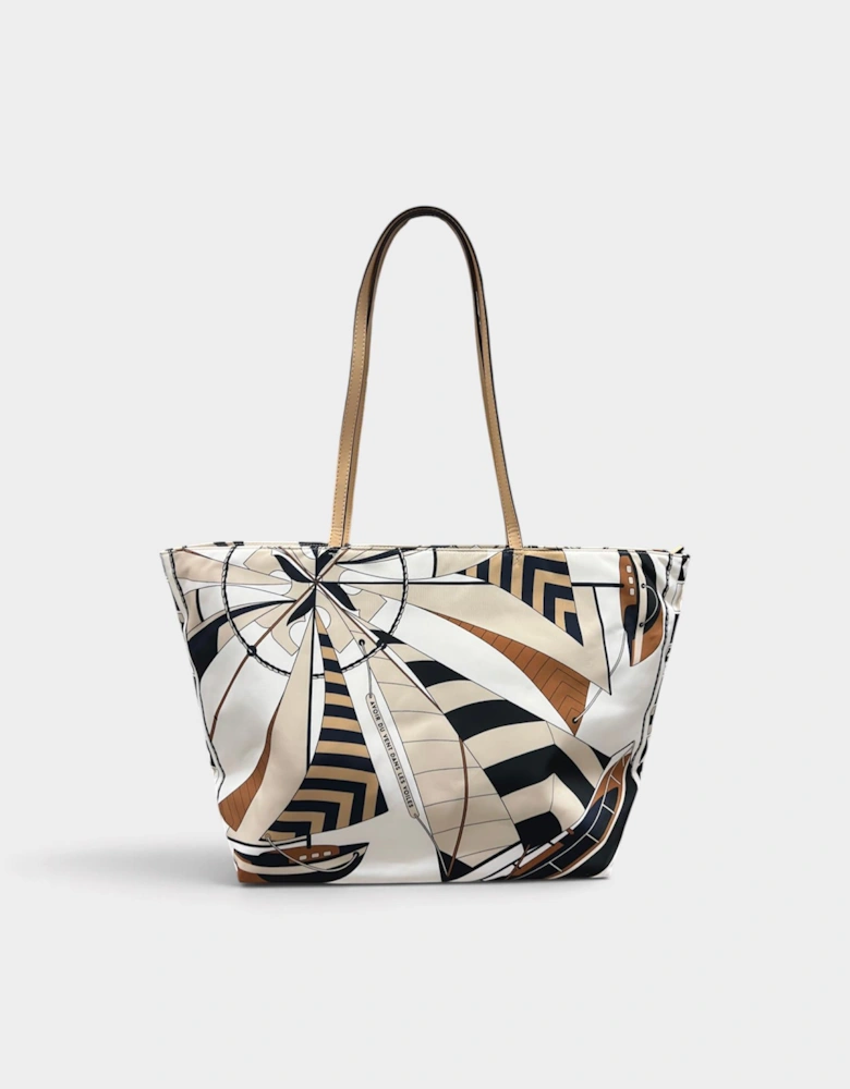 Nylon Printed Tote Bag Beige Sailboat