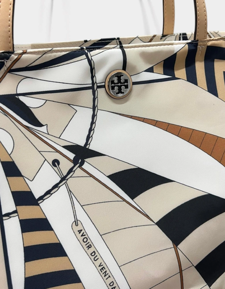 Nylon Printed Tote Bag Beige Sailboat