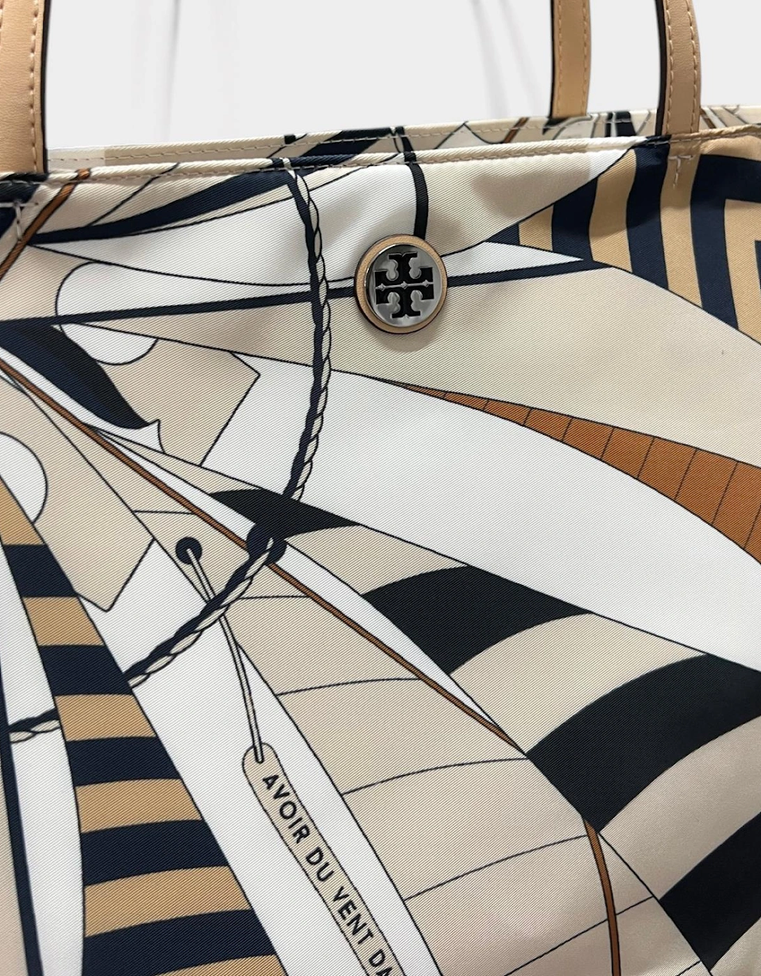 Nylon Printed Tote Bag Beige Sailboat