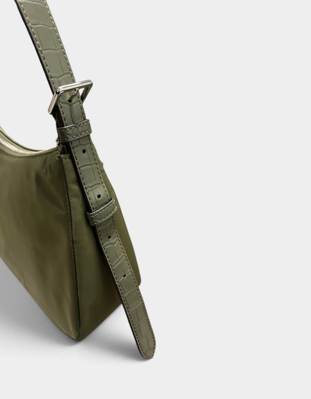 Nylon Zip Top Shoulder Bag Green Khaki