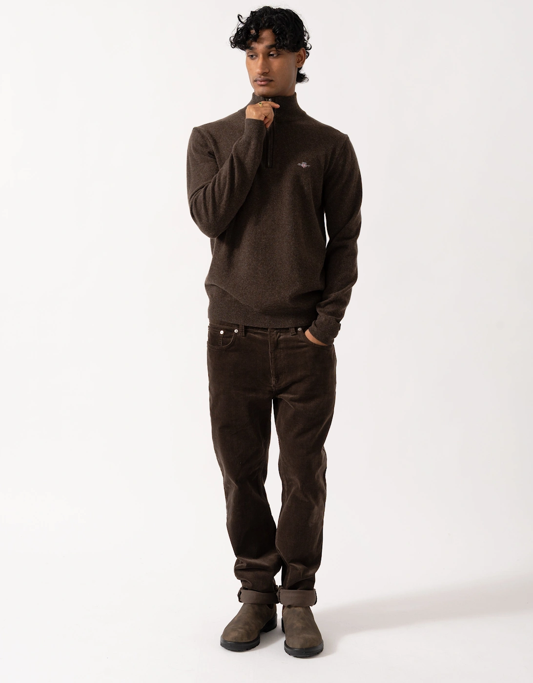 GANT Mens Superfine Lambswool Half Zip Sweater - 280 Dark Brown Melange