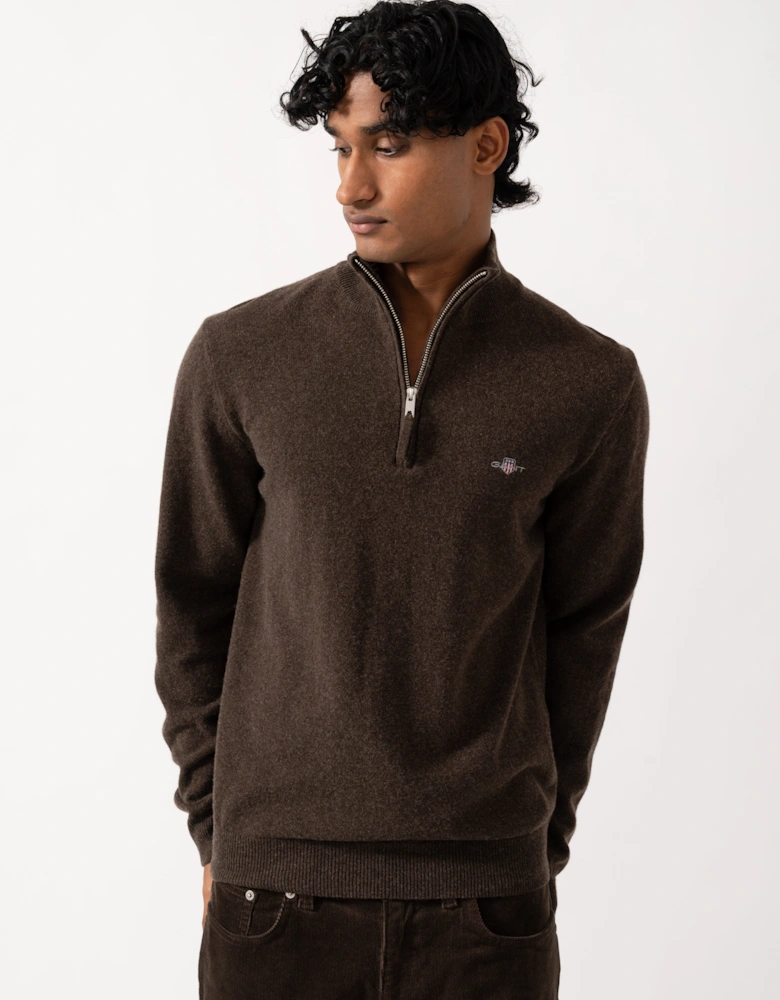 GANT Mens Superfine Lambswool Half Zip Sweater - 280 Dark Brown Melange