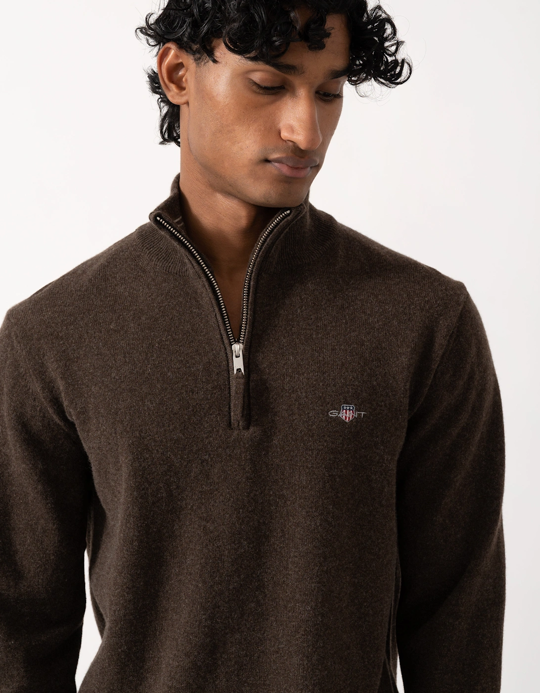 GANT Mens Superfine Lambswool Half Zip Sweater - 280 Dark Brown Melange