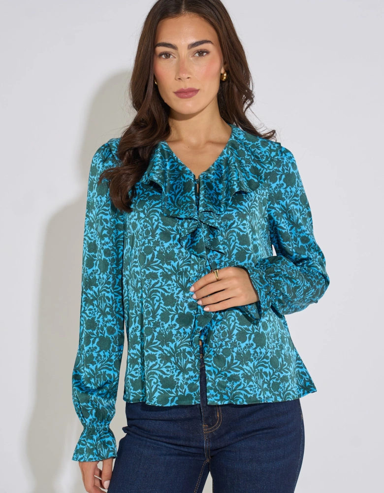 Blue Floral Print Ruffle Front Blouse