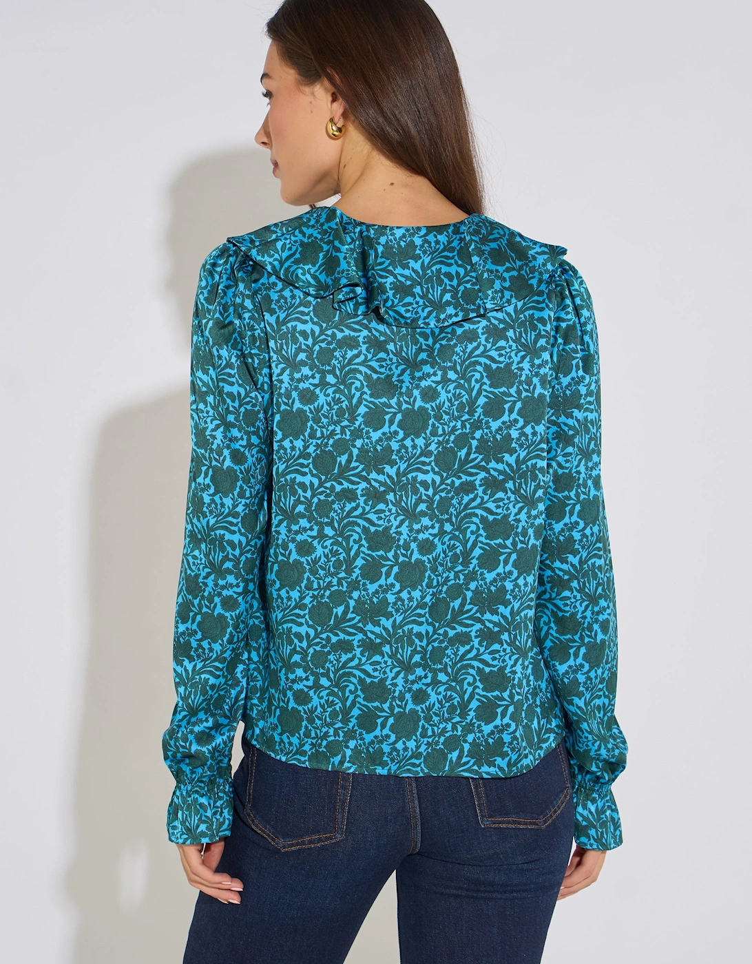 Blue Floral Print Ruffle Front Blouse