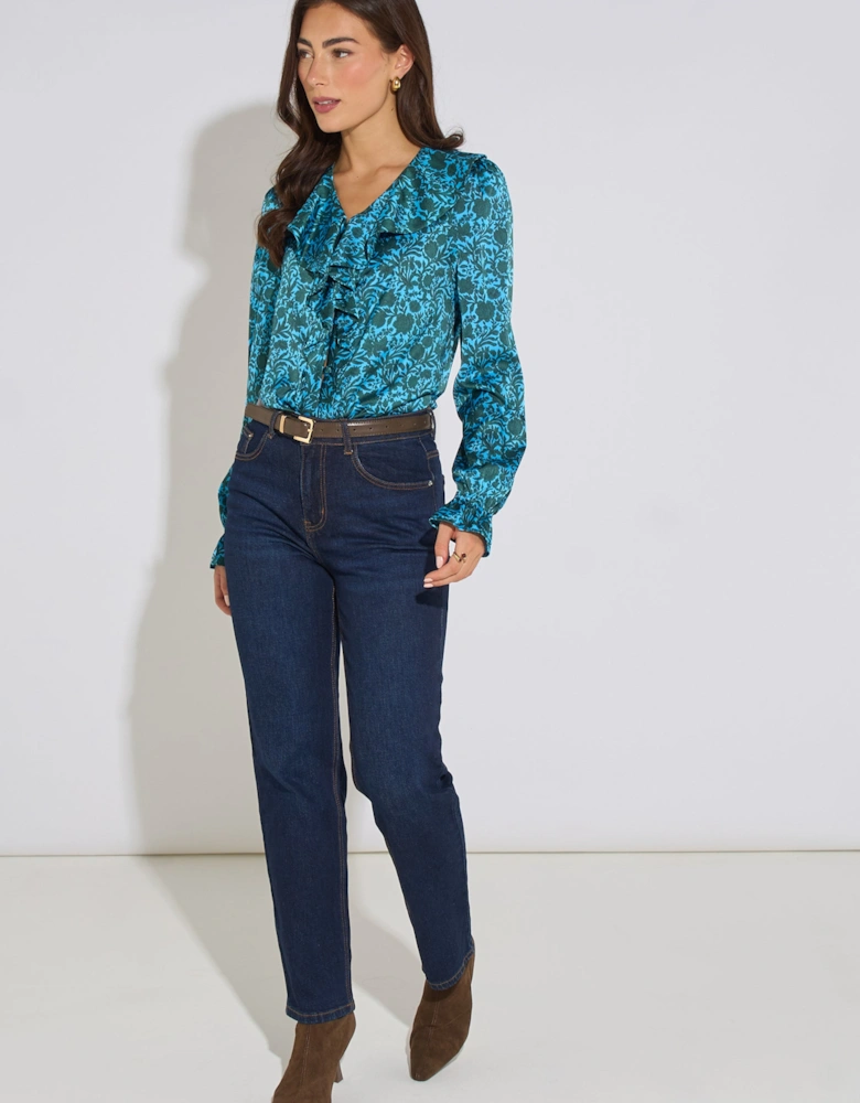 Blue Floral Print Ruffle Front Blouse