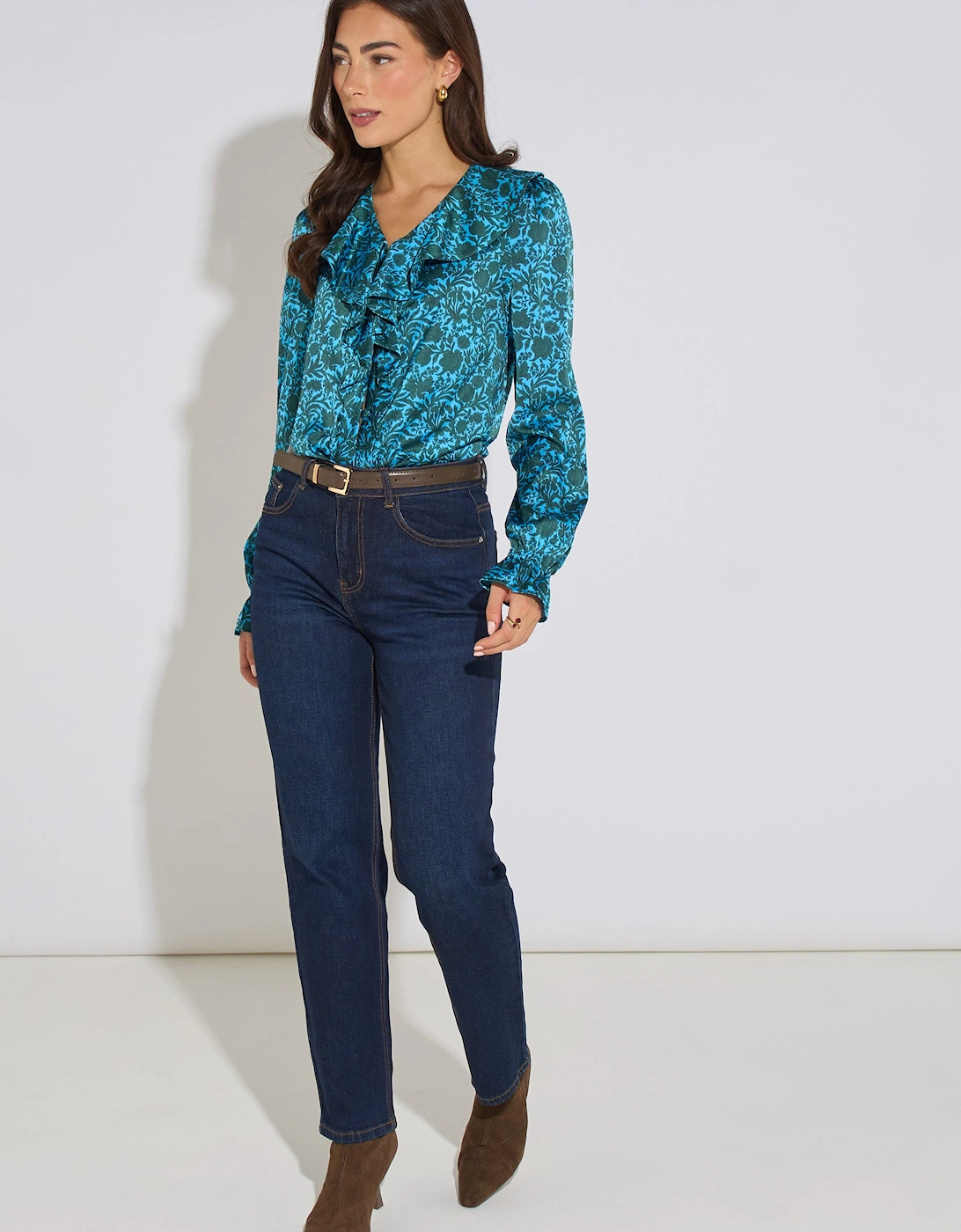 Blue Floral Print Ruffle Front Blouse