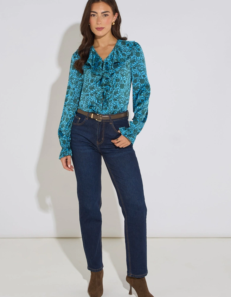 Blue Floral Print Ruffle Front Blouse
