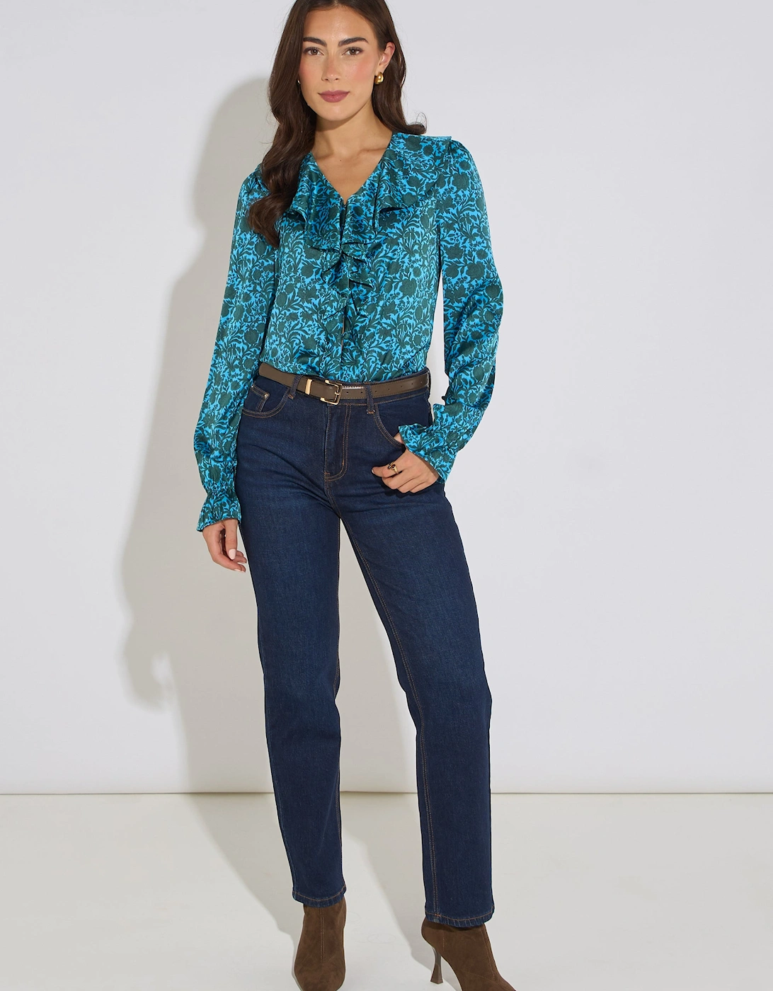 Blue Floral Print Ruffle Front Blouse