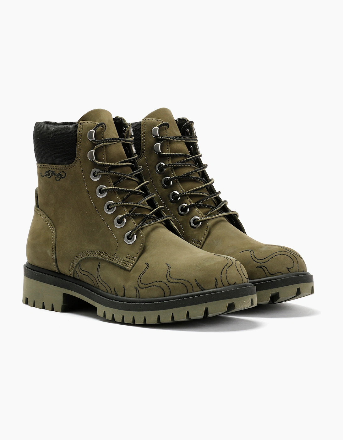 Ed Hardy Embroidered Flames Nubuck Women's Khaki Boots