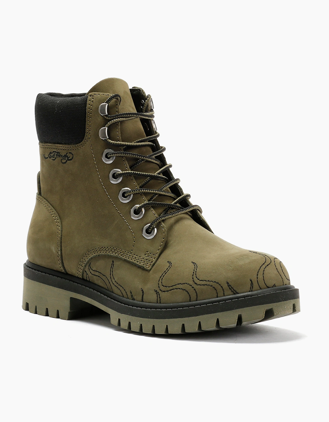 Ed Hardy Embroidered Flames Nubuck Women's Khaki Boots