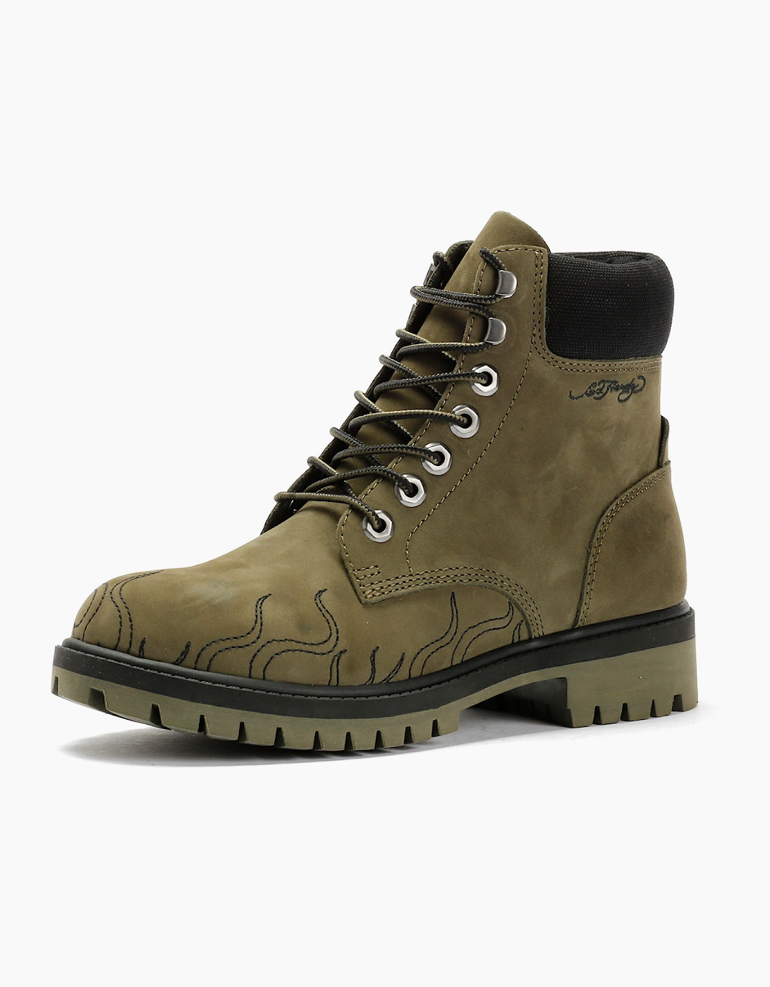 Ed Hardy Embroidered Flames Nubuck Women's Khaki Boots