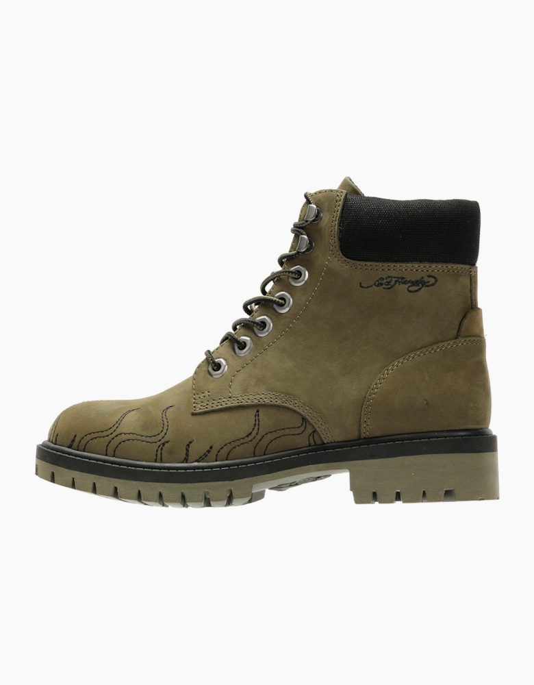 Ed Hardy Embroidered Flames Nubuck Women's Khaki Boots