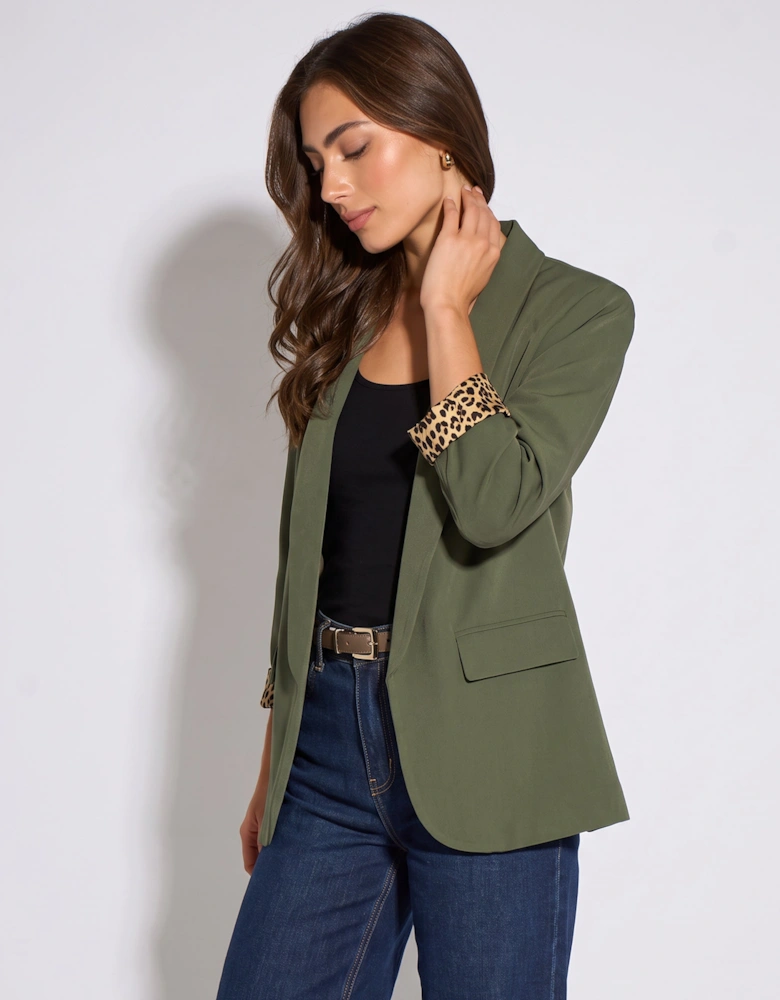 Khaki Contrast Animal Edge to Edge Blazer