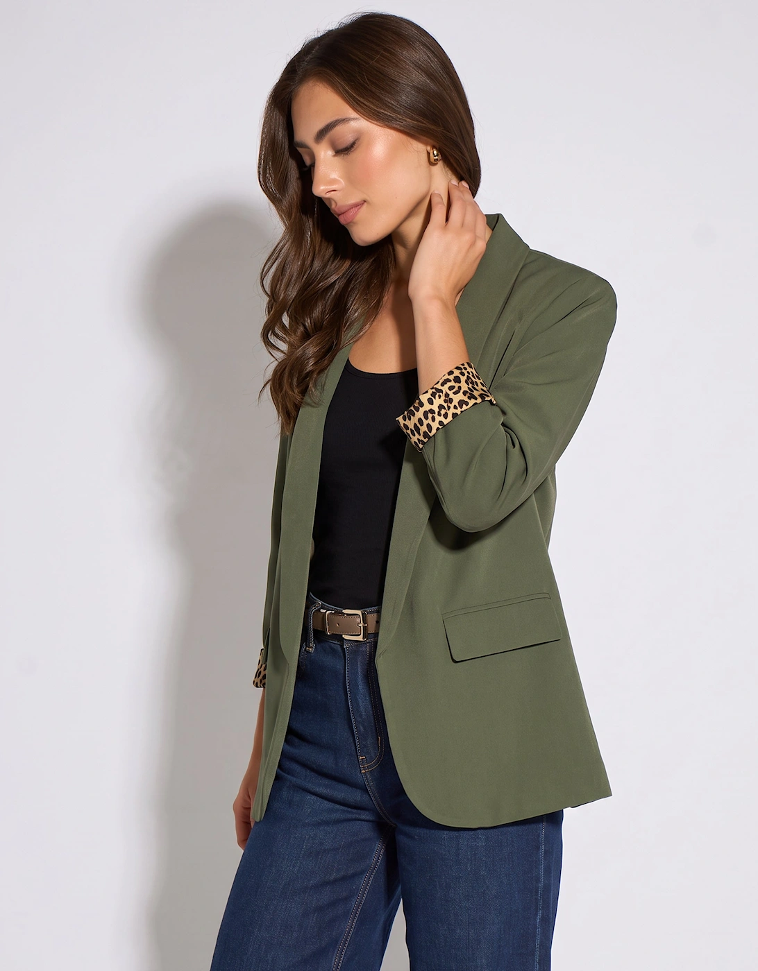 Khaki Contrast Animal Edge to Edge Blazer