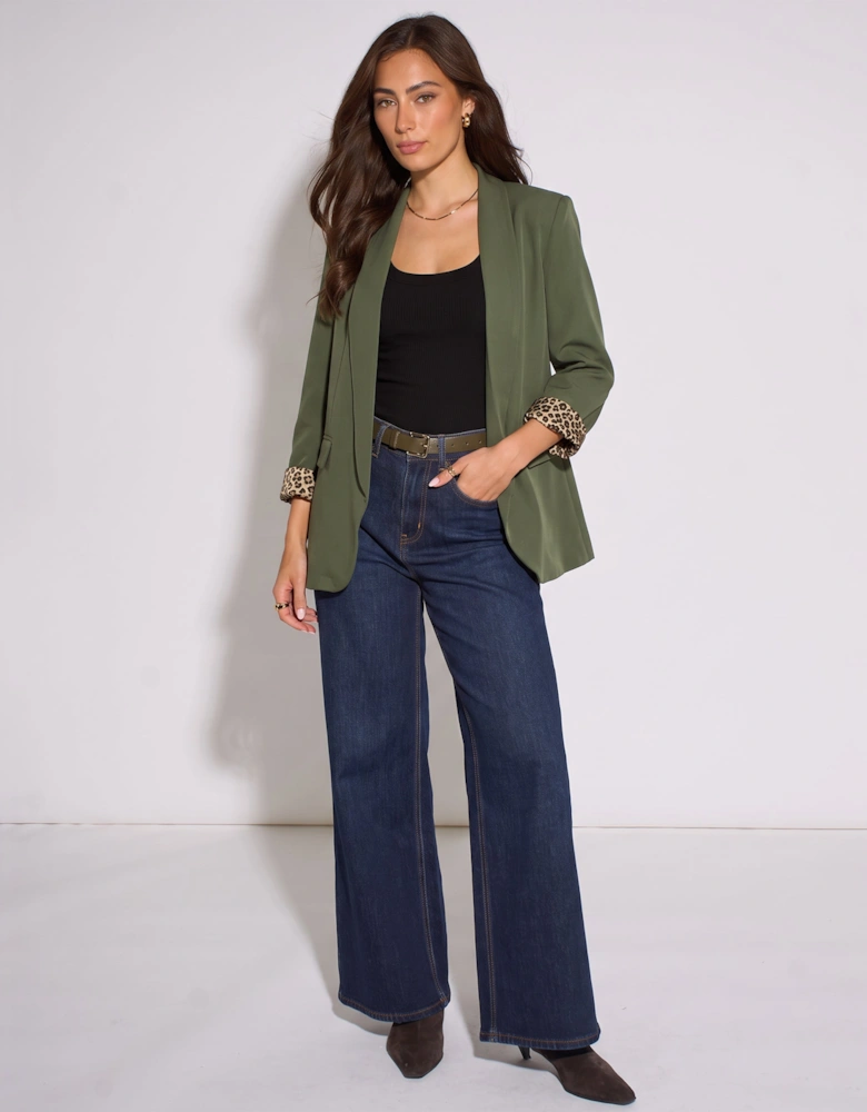 Khaki Contrast Animal Edge to Edge Blazer