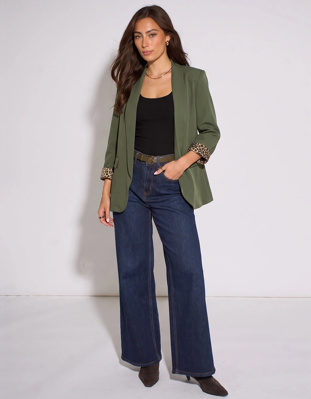 Khaki Contrast Animal Edge to Edge Blazer