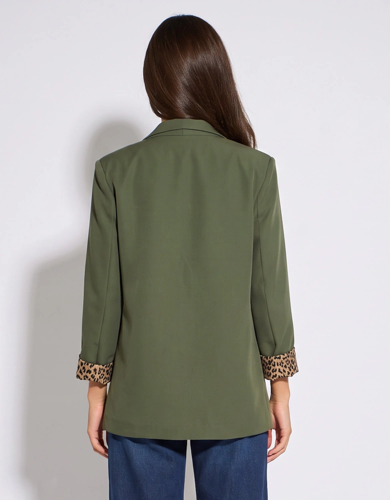 Khaki Contrast Animal Edge to Edge Blazer