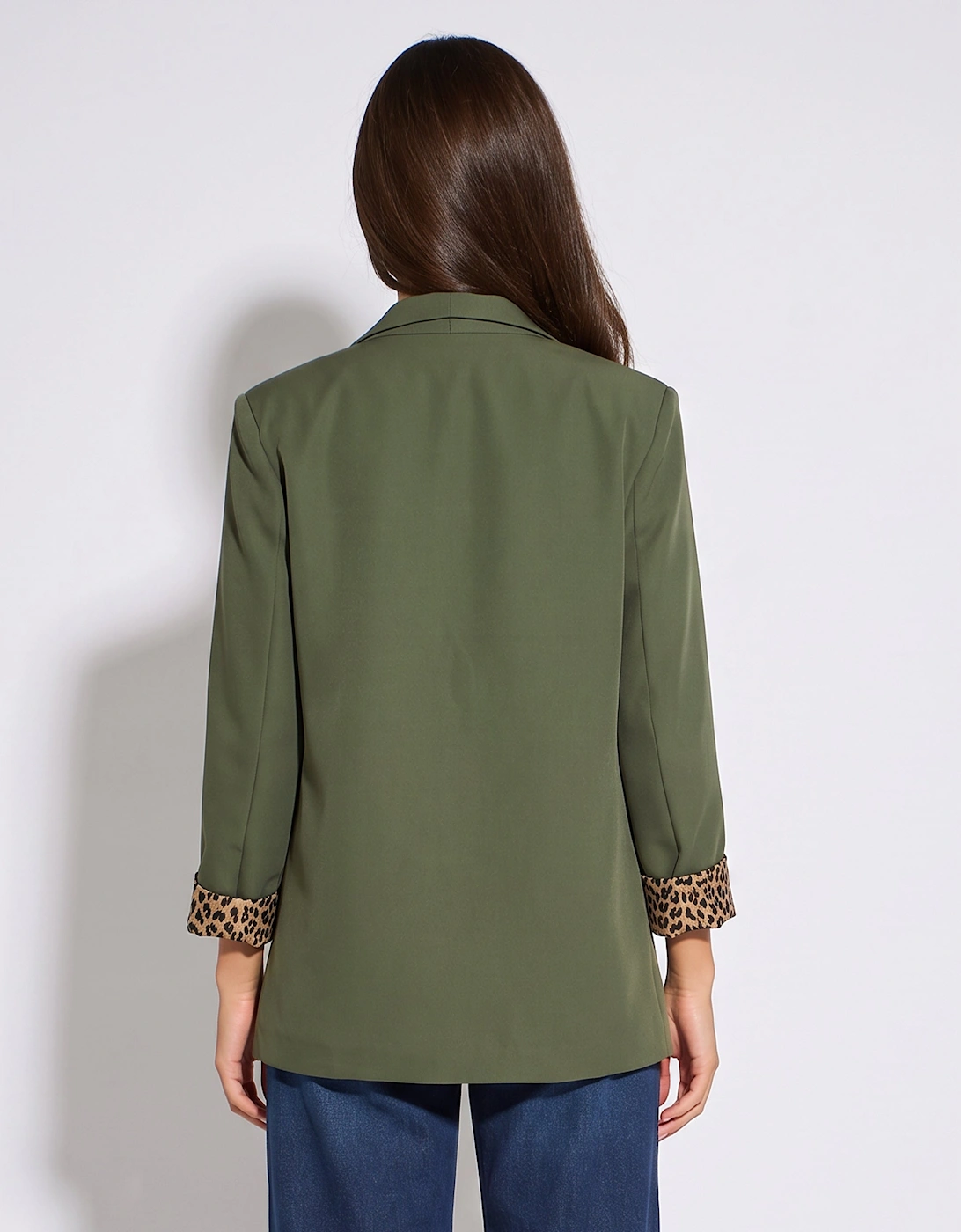 Khaki Contrast Animal Edge to Edge Blazer