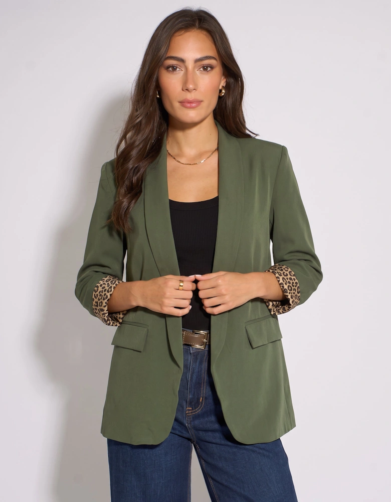 Khaki Contrast Animal Edge to Edge Blazer