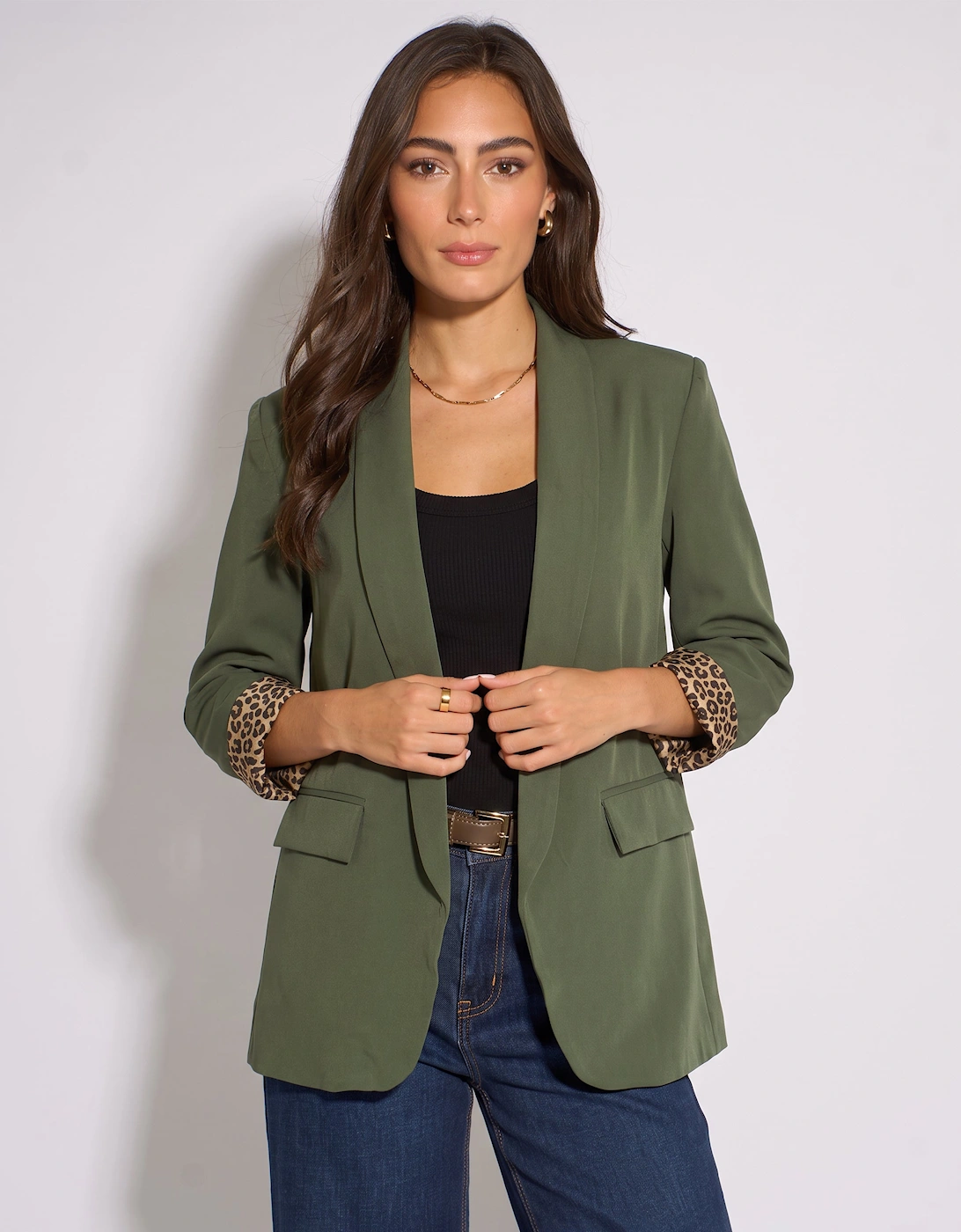 Khaki Contrast Animal Edge to Edge Blazer