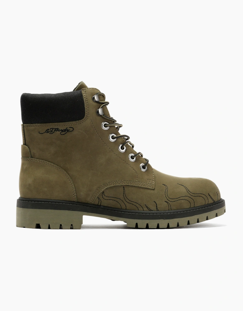 Ed Hardy Embroidered Flames Nubuck Men's Khaki Boots