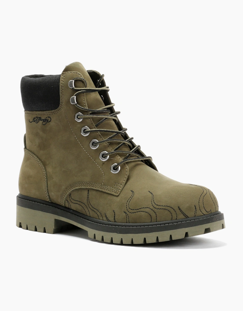 Ed Hardy Embroidered Flames Nubuck Men's Khaki Boots