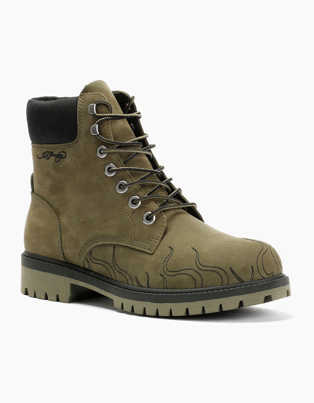 Ed Hardy Embroidered Flames Nubuck Men's Khaki Boots