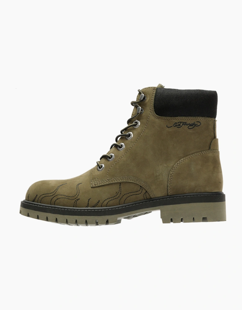 Ed Hardy Embroidered Flames Nubuck Men's Khaki Boots