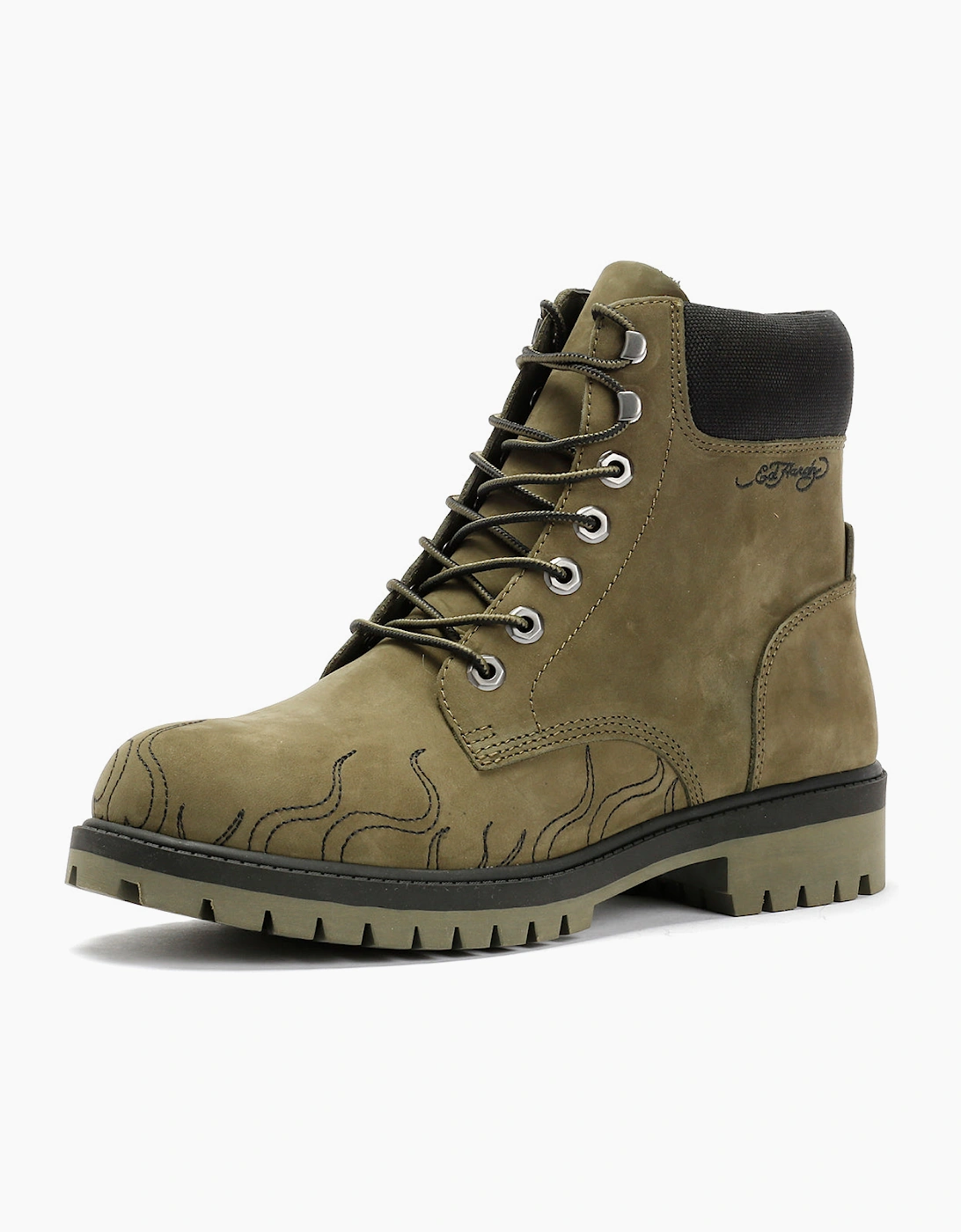 Ed Hardy Embroidered Flames Nubuck Men's Khaki Boots