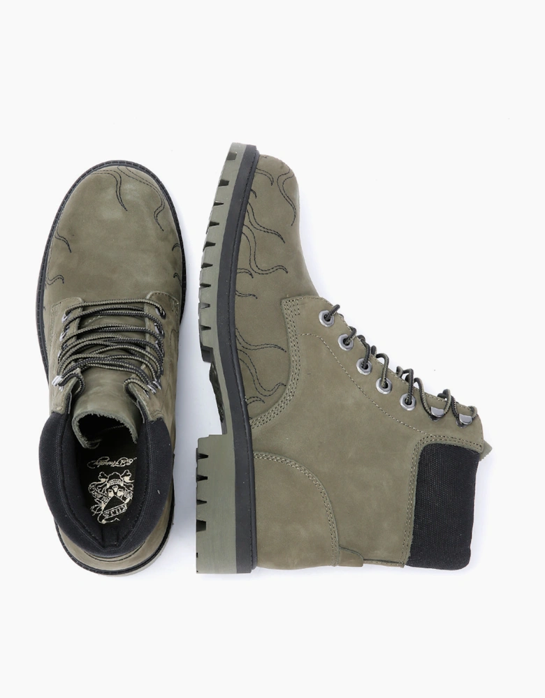 Ed Hardy Embroidered Flames Nubuck Men's Khaki Boots