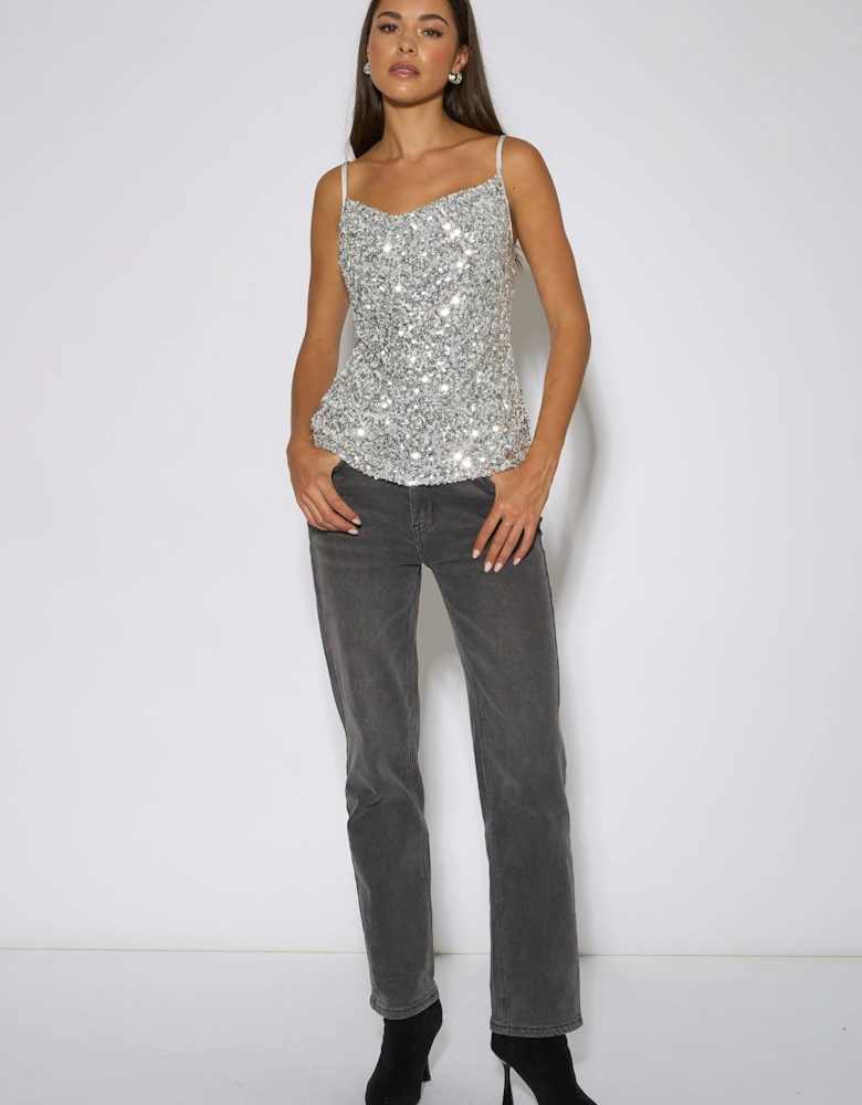Silver Sequin Cowl Strappy Cami Top