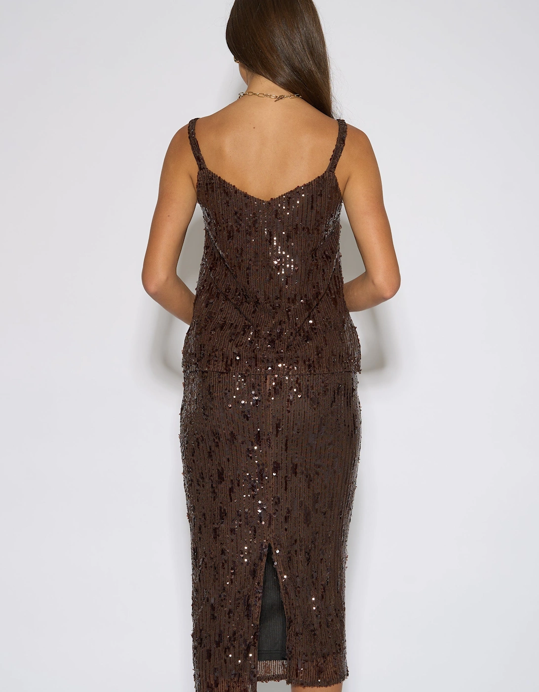 Brown Sequin Pencil Midi Skirt