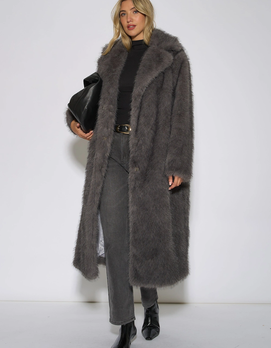 Grey Blue Belted Faux Fur Longline Jacket