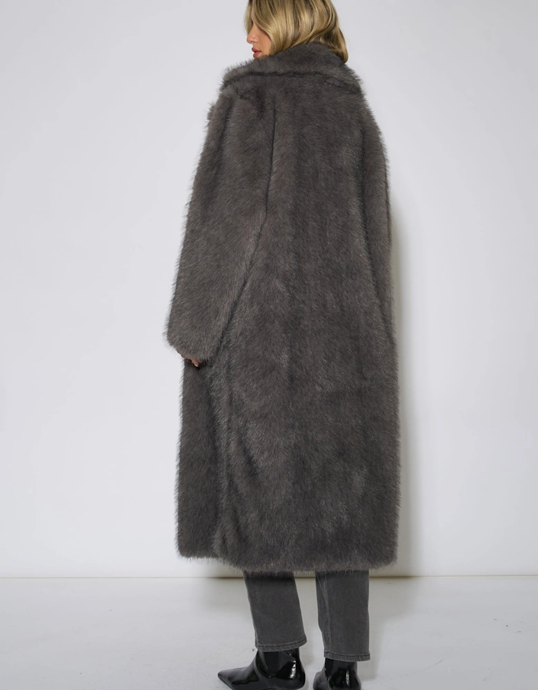 Grey Blue Belted Faux Fur Longline Jacket