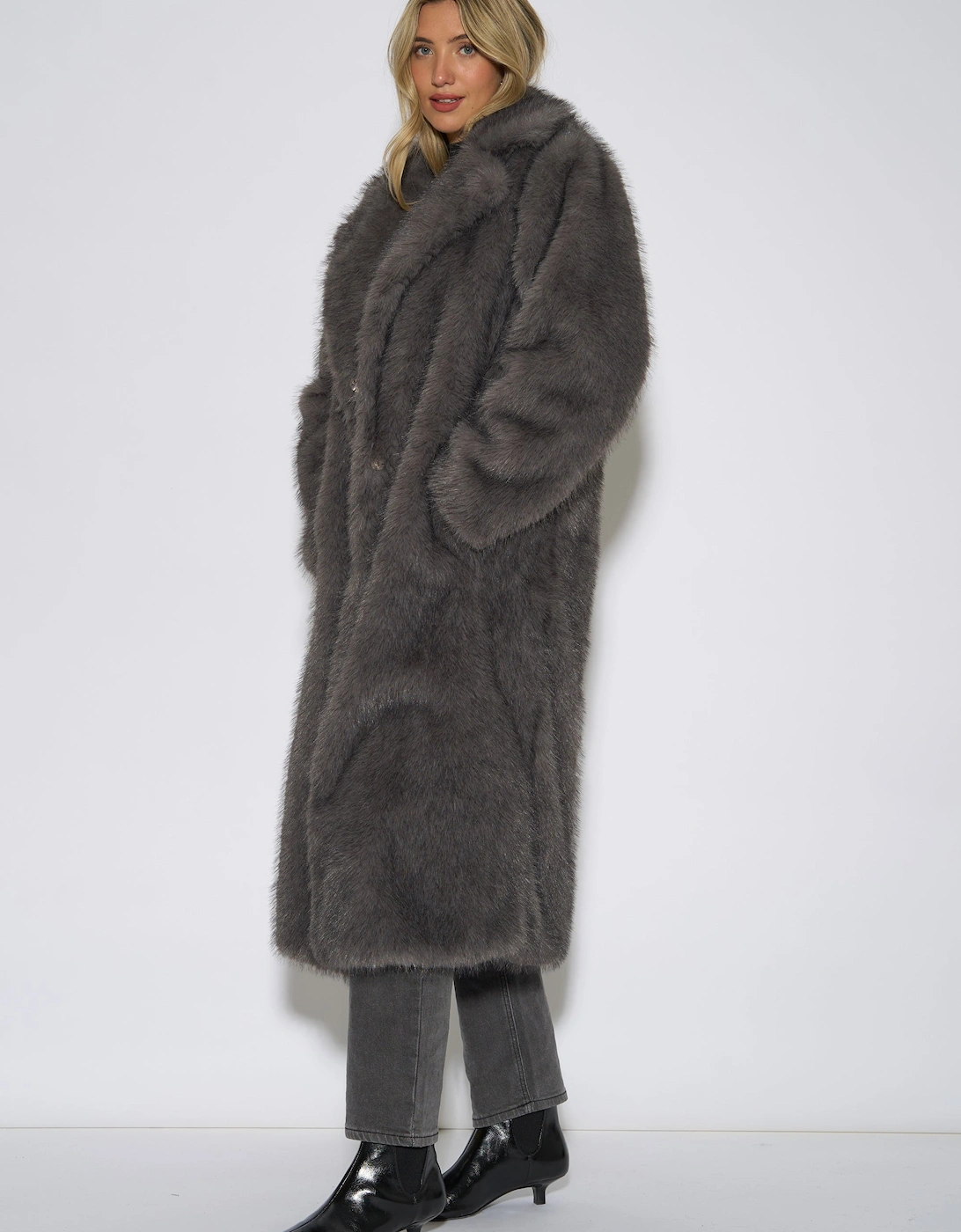 Grey Blue Belted Faux Fur Longline Jacket