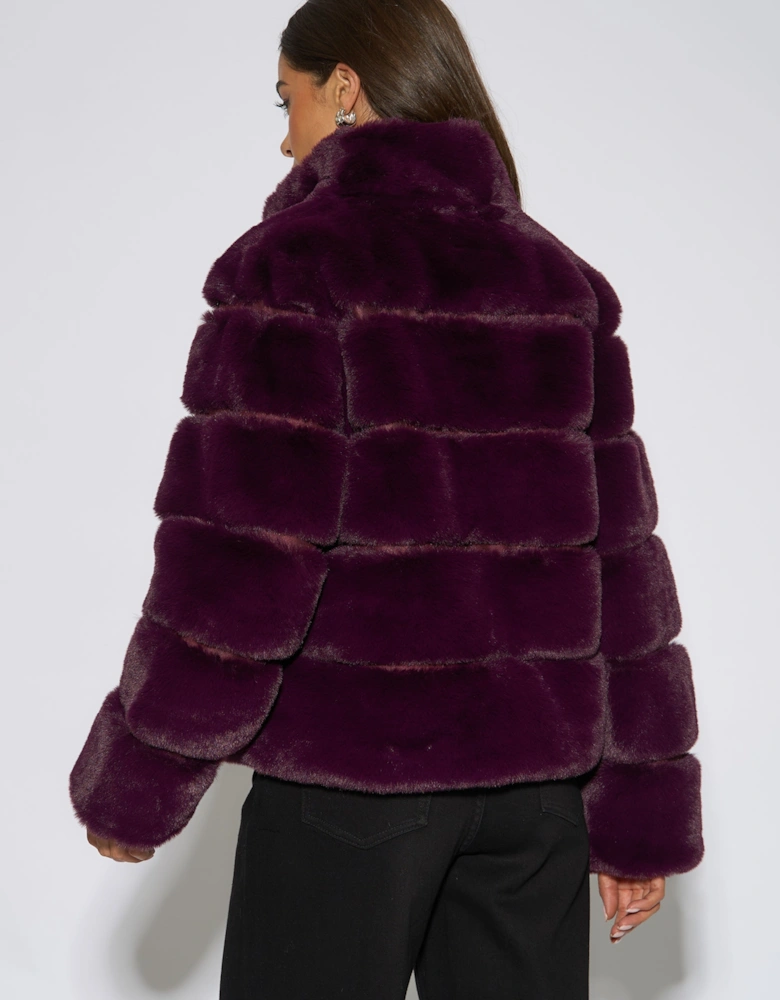 Plum Panelled Funnel Neck Faux Fur Jacket