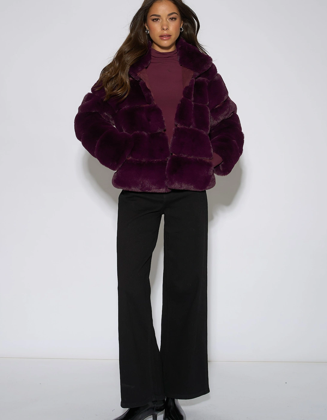 Plum Panelled Funnel Neck Faux Fur Jacket