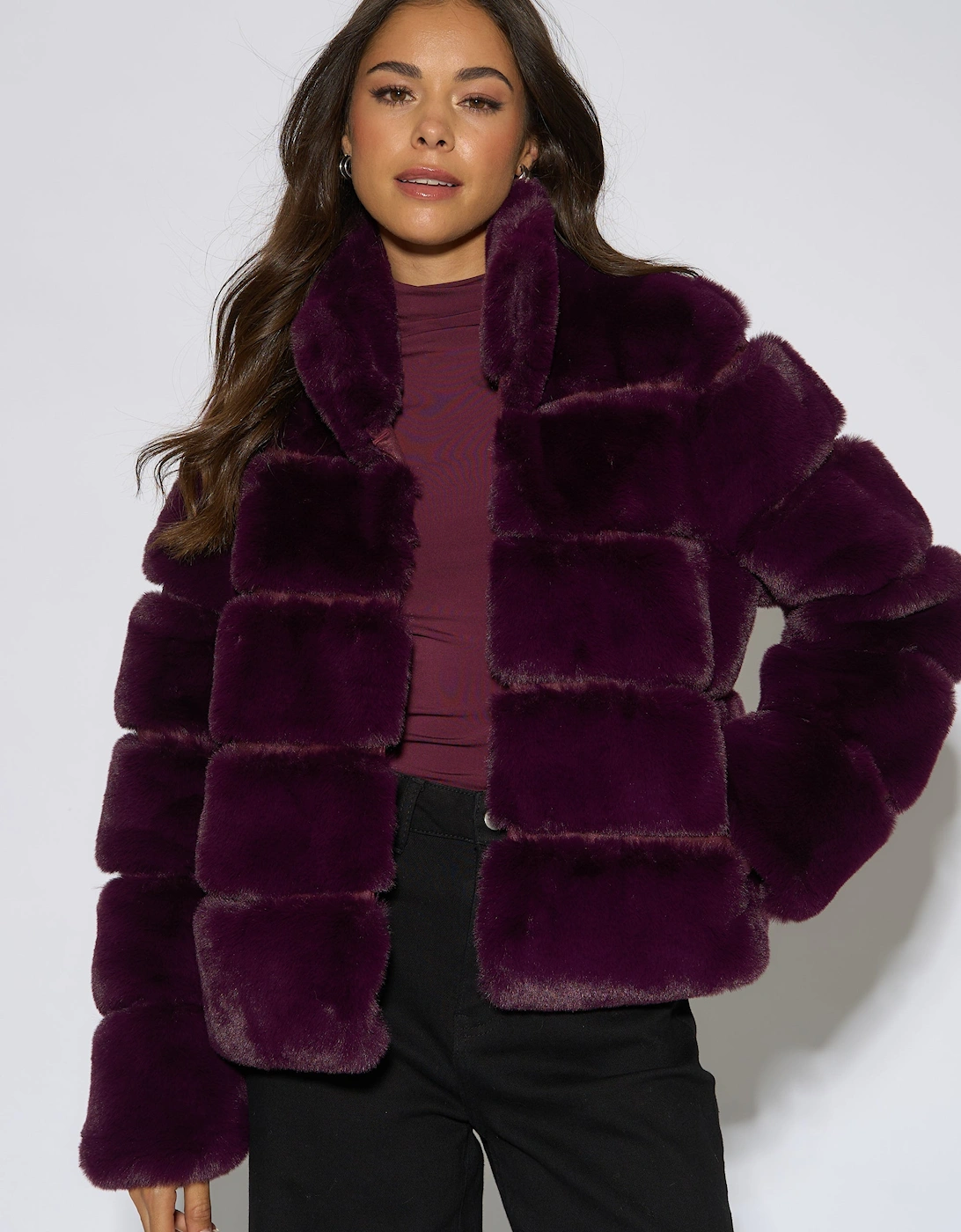 Plum Panelled Funnel Neck Faux Fur Jacket